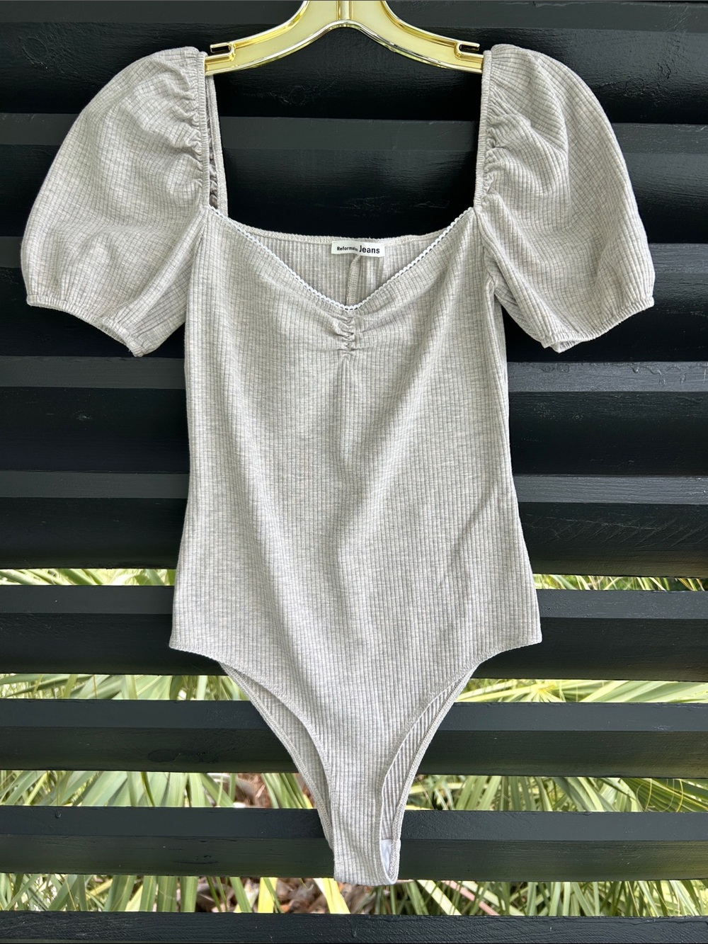 Reformation Jeans Light Gray Ribbed Puff-Sleeve Bodysuit
